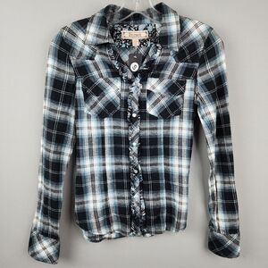 Decree Blue Black Flannel Snap Button Up Sz Small